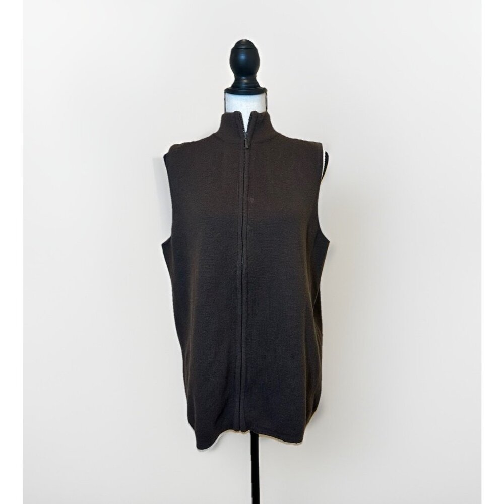 Halogen Sweater Vest Women’s Large Merino Wool Nylon Blend Brown Zip Up